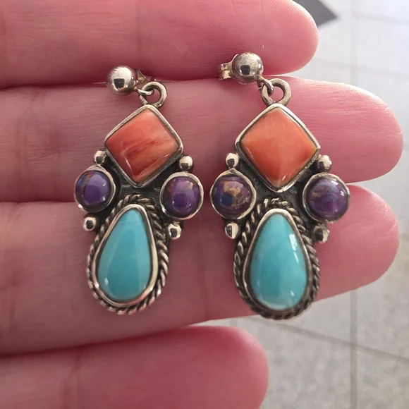 Navajo Native American Southwestern Sterling Silver Turquoise Cluster Earrings - Picture 4 of 13